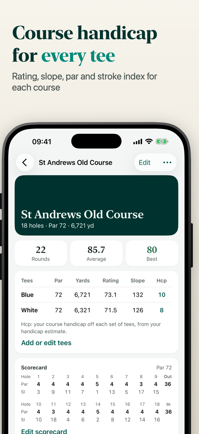 Course handicap for every tee: a course with rating, slope, par and stroke index for each tee