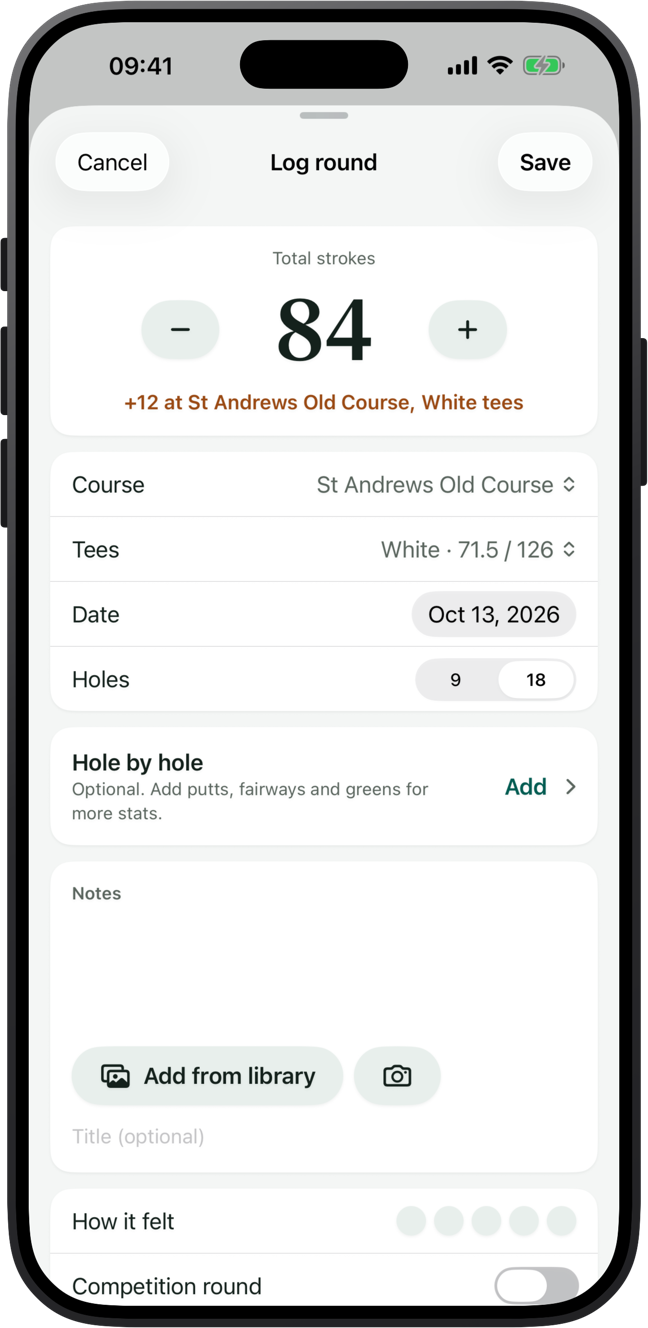 The Log round sheet, with a total of 84 at St Andrews Old Course from the white tees
