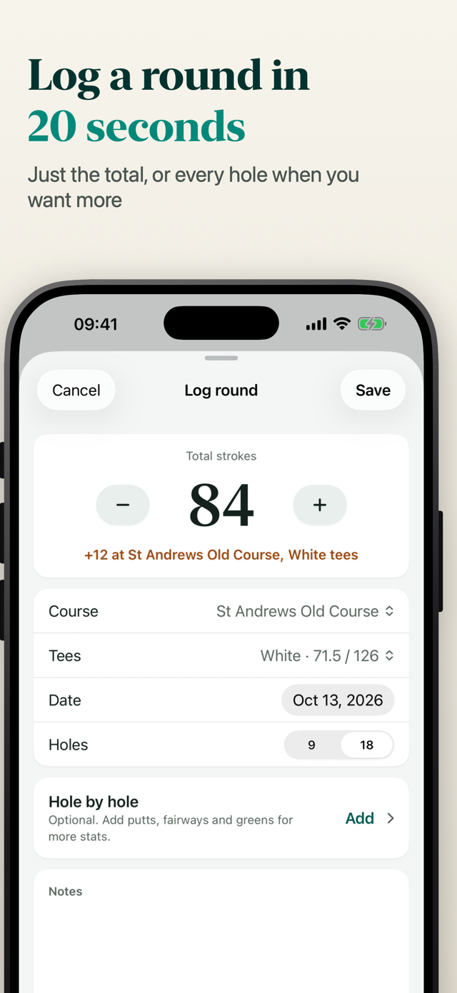 Log a round in 20 seconds: the Log round sheet with a total of 84