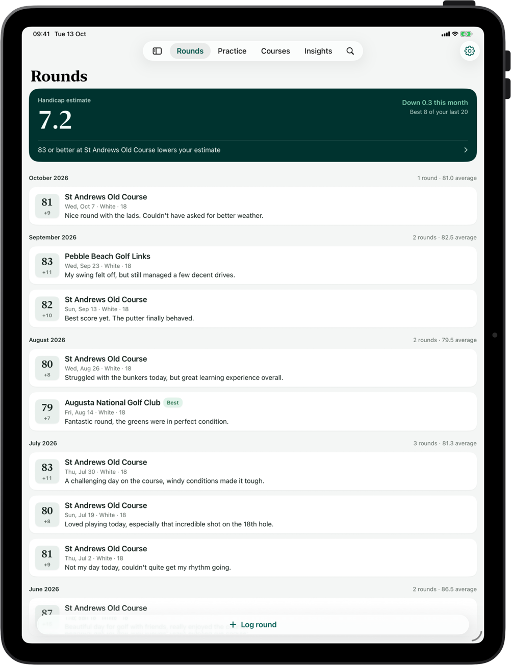 Golf Journal on iPad, showing the handicap estimate and the season's rounds