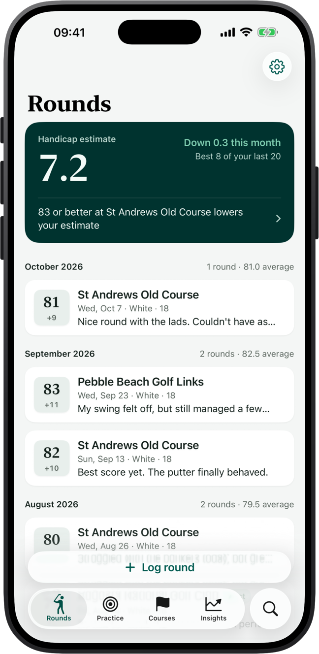 Golf Journal's Rounds screen, with a handicap estimate of 7.2, down 0.3 this month, and recent rounds