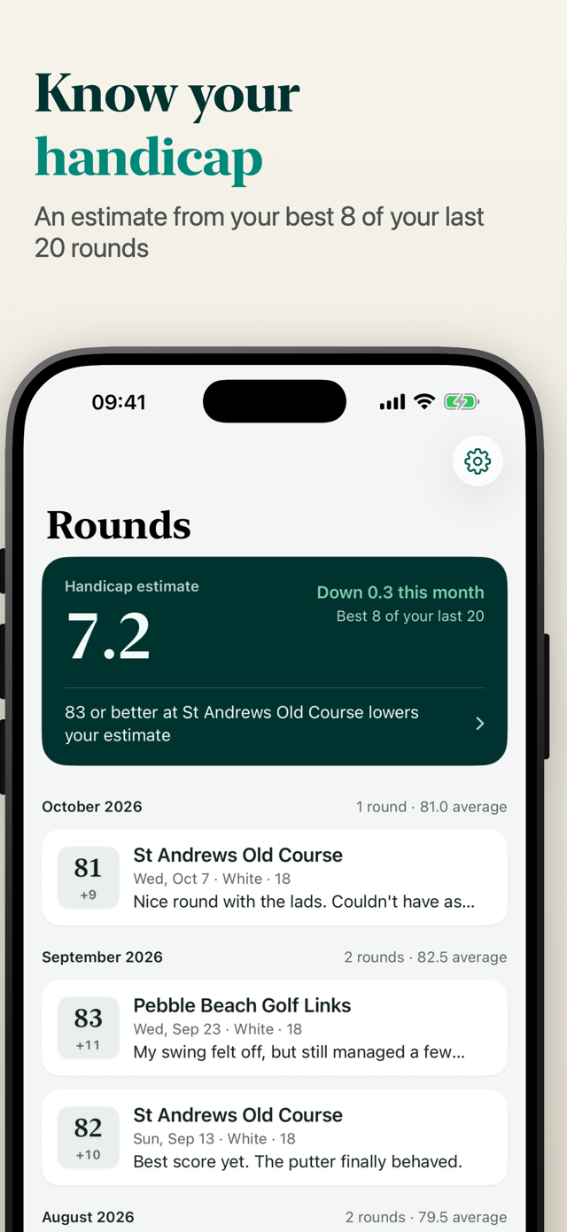 Know your handicap: the Rounds screen with a handicap estimate of 7.2, down 0.3 this month